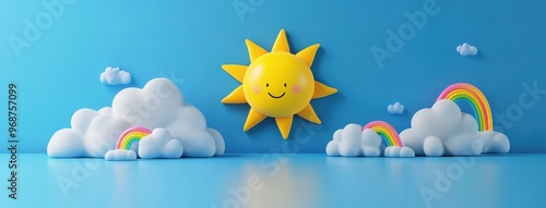 3D cartoon style scene with sun, rainbow and clouds on blue background. High resolution photo. photo