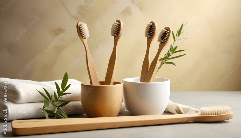 Eco toothbrushes. Bamboo toothbrushes cup, natural soap, plastic free ear sticks, wooden hair brush and white towels on gray stone background Eco toothbrushes. Bamboo toothbrushes cup, natural soap, plastic free ear sticks, wooden hair brush and white towels on gray stone background