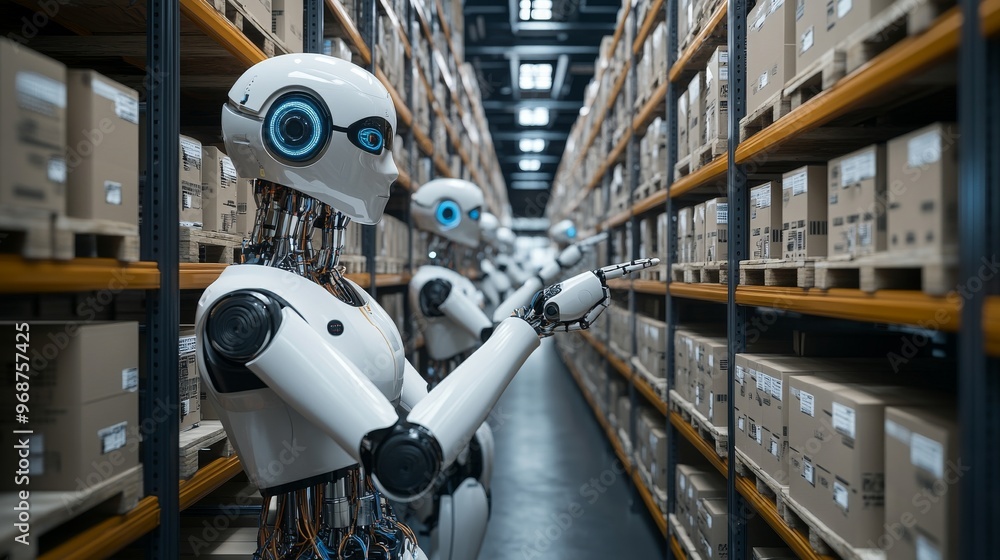 AI-Driven Autonomous Warehouses with Robotic Workers: A futuristic warehouse where robots, guided by AI, handle inventory, packing, and shipping. AI-Driven Autonomous Warehouses with Robotic Workers: A futuristic warehouse where robots, guided by AI, handle inventory, packing, and shipping.