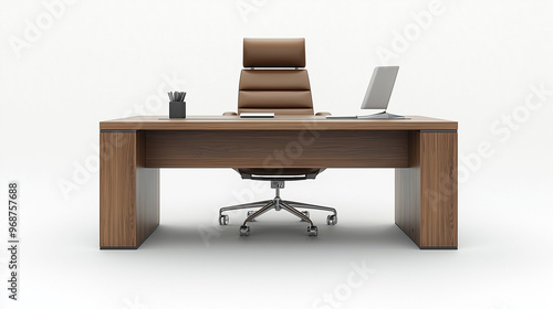 A modern office chair and desk setup for a home office business environment, isolated on a white background photo