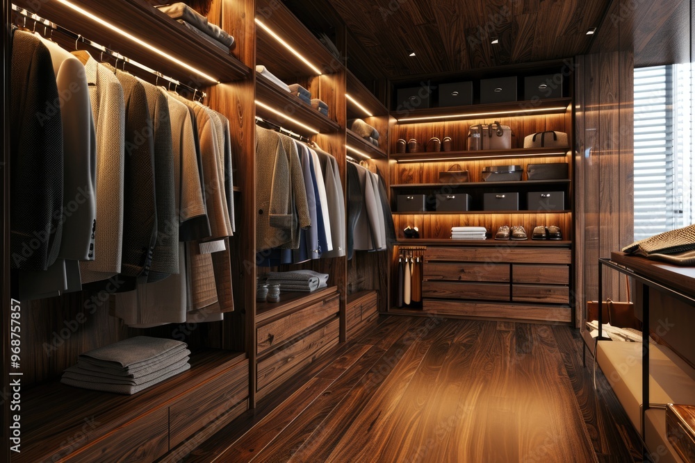 Dark Wooden Wardrobe and Walk-in Closet Interior Design. 3D illustration. Dark Wooden Wardrobe and Walk-in Closet Interior Design. 3D illustration.