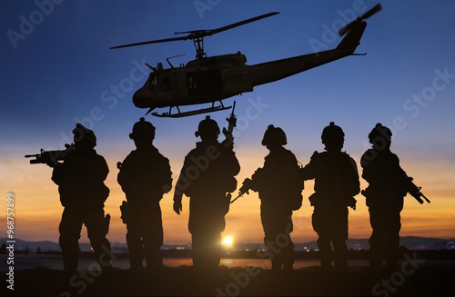 silhouette of military special force unit with helicopter in the background under sunset sky