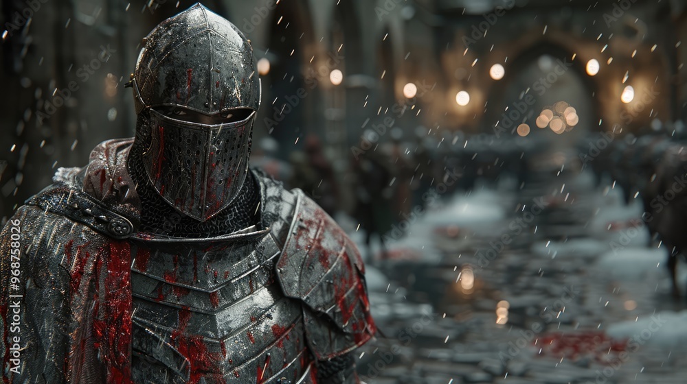 Full armor and bloody clothes on a medieval knight under a dark night sky with a gothic castle. Full armor and bloody clothes on a medieval knight under a dark night sky with a gothic castle.