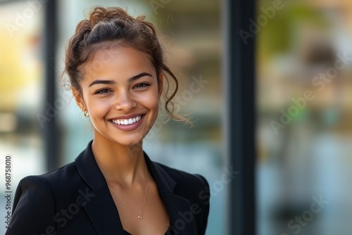Portrait of smiling young hispanic woman at work in the office Free Download Portrait of smiling young hispanic woman at work in the office - GFXLoad