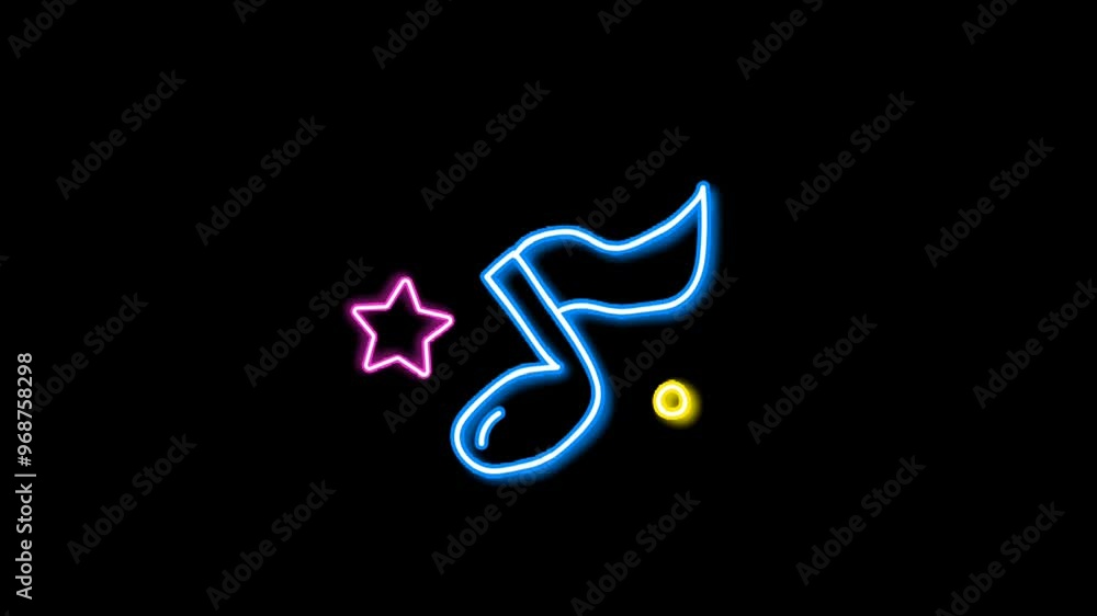 Neon glowing line music icon animation on a black screen. Features a vibrant, pulsating effect, perfect for music, audio, or entertainment projects and visual designs Neon glowing line music icon animation on a black screen. Features a vibrant, pulsating effect, perfect for music, audio, or entertainment projects and visual designs