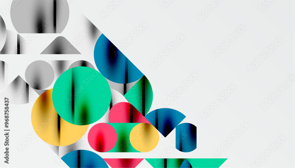 Color beautiful circles, semi circles, squares and round triangles. Geometric mosaic style pattern abstract background for wallpaper, banner, backdrop, card, book Illustration, landing page Color beautiful circles, semi circles, squares and round triangles. Geometric mosaic style pattern abstract background for wallpaper, banner, backdrop, card, book Illustration, landing page