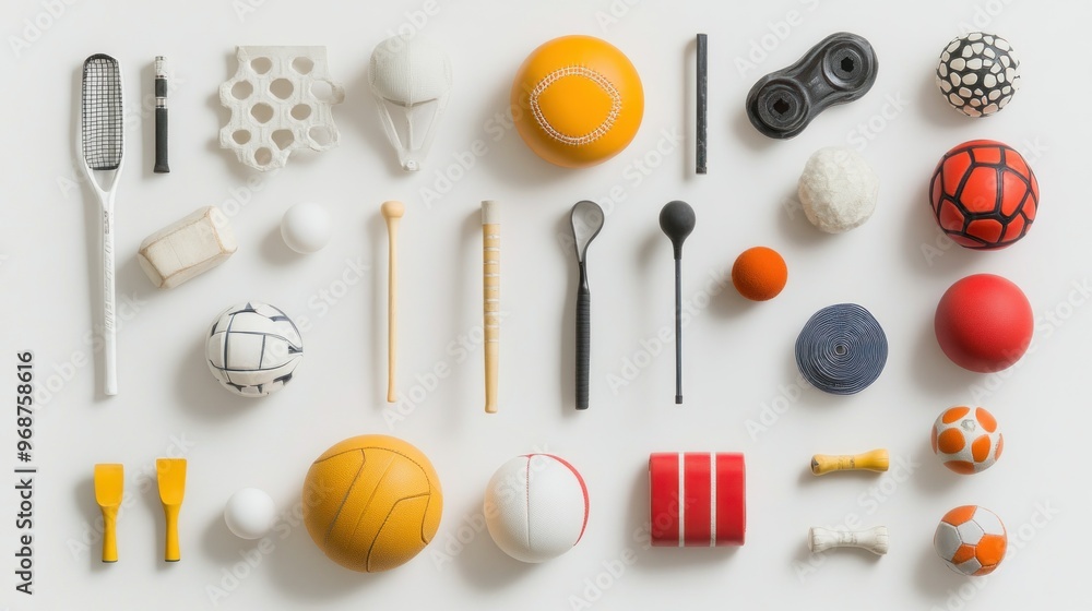 Assorted Sports Equipment and Balls on a White Background Assorted Sports Equipment and Balls on a White Background