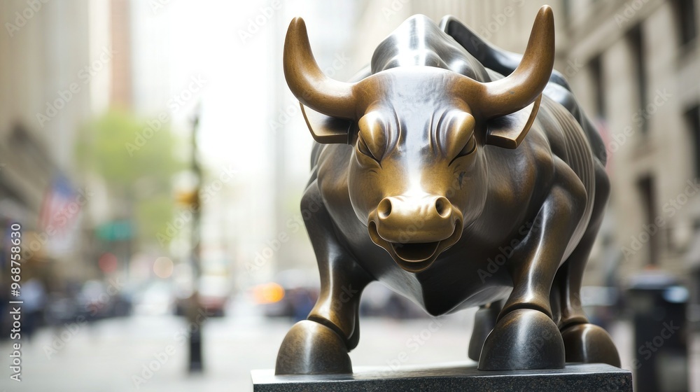 A Bronze Bull Sculpture in a City Setting A Bronze Bull Sculpture in a City Setting