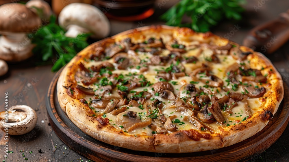 Pizza with mushrooms and a browned crust, placed on a wooden table, featuring a savory, delicious topping and crispy edges, perfect for a comforting, homemade meal. Pizza with mushrooms and a browned crust, placed on a wooden table, featuring a savory, delicious topping and crispy edges, perfect for a comforting, homemade meal.