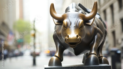 A Bronze Bull Sculpture in a City Setting