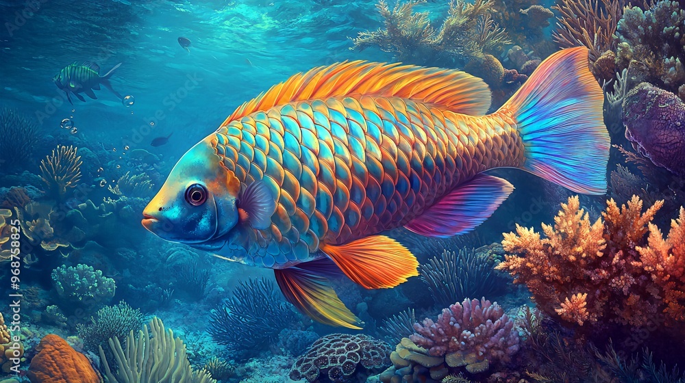 Fototapeta premium A vibrant, colorful parrotfish swims through a coral reef.