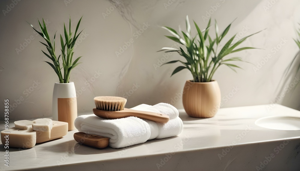 Eco toothbrushes. Bamboo toothbrushes cup, natural soap, plastic free ear sticks, wooden hair brush and white towels on gray stone background Eco toothbrushes. Bamboo toothbrushes cup, natural soap, plastic free ear sticks, wooden hair brush and white towels on gray stone background