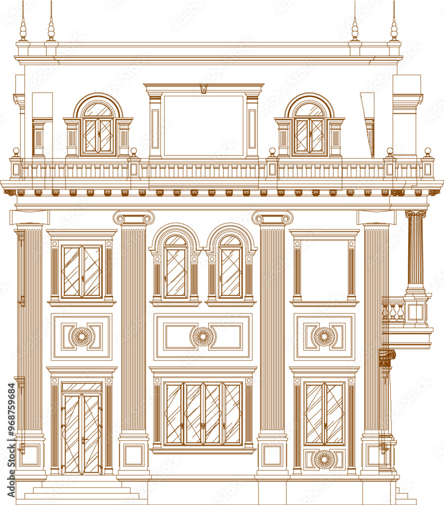 Obraz premium Vector sketch illustration silhouette design engineering drawing of architectural building old house classic vintage ethnic european model 
