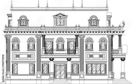 Vector sketch illustration silhouette design engineering drawing of architectural building old house classic vintage ethnic european model 