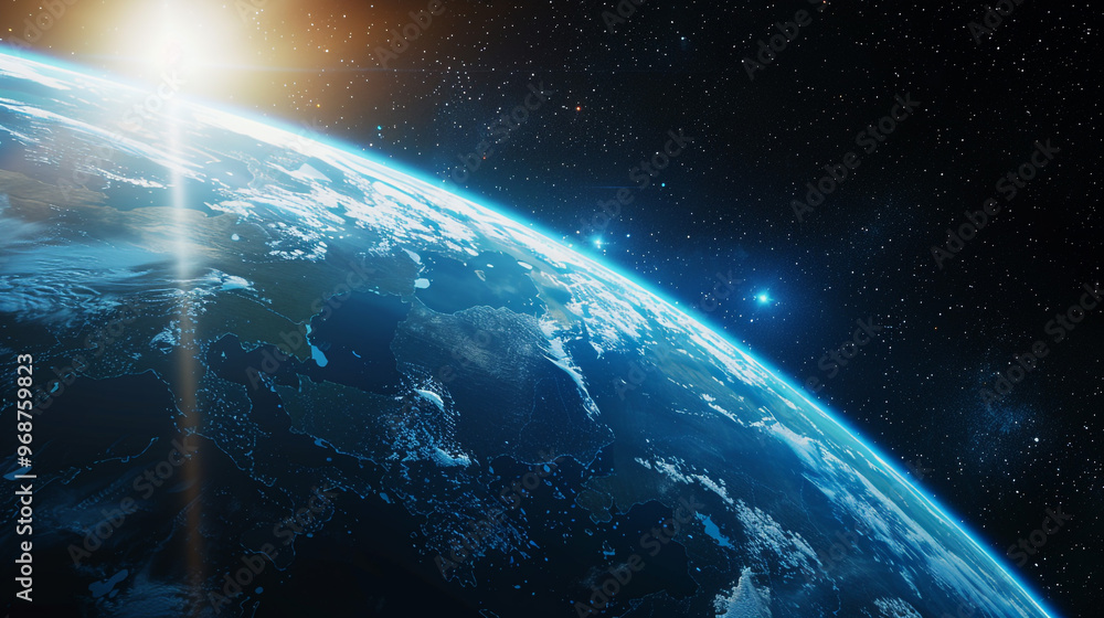 View of blue planet Earth in space with sun shining in the background