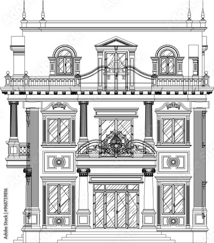 Vector sketch illustration silhouette design engineering drawing of architectural building old house classic vintage ethnic european model