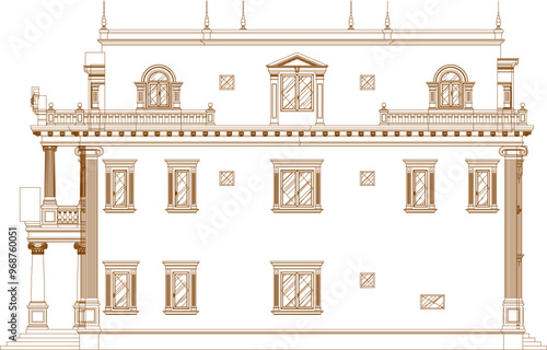 Vector sketch illustration silhouette design engineering drawing of architectural building old house classic vintage ethnic european model