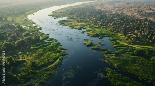 Generative AI Image of Tranquil Winding Flowing River Forest Jungle at Bright Day Wallpaper