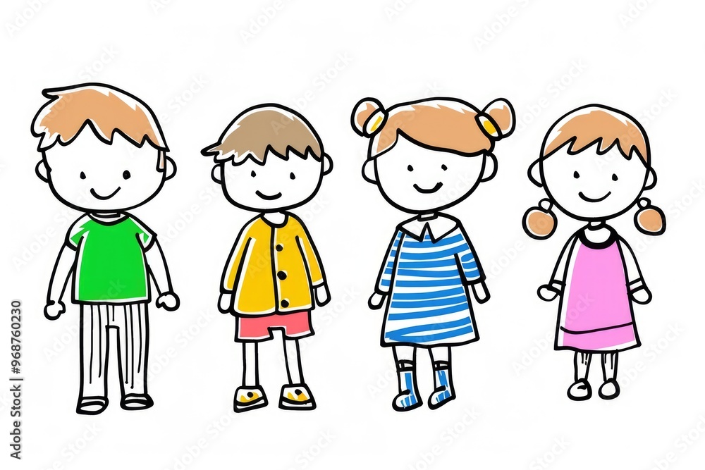 Cartoon sketch of a group of children in different poses and clothing on a white background for children's albums. Cartoon sketch of a group of children in different poses and clothing on a white background for children's albums.