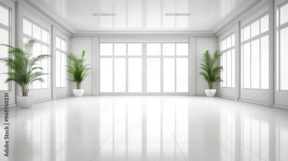 Minimalist White Room with Large Windows and Plants Minimalist White Room with Large Windows and Plants