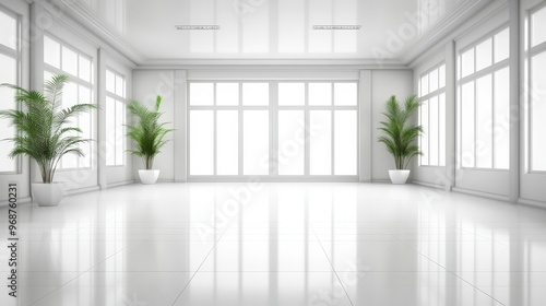 Minimalist White Room with Large Windows and Plants