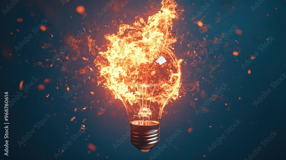 3D rendering of a light bulb exploding with fiery flames on a blue background, emphasizing intensity and impact 3D rendering of a light bulb exploding with fiery flames on a blue background, emphasizing intensity and impact