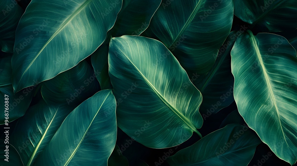 Obraz premium Close-up of large leaves, abstract texture of green leaves on a dark background, a nature concept banner for desktop wallpaper.
