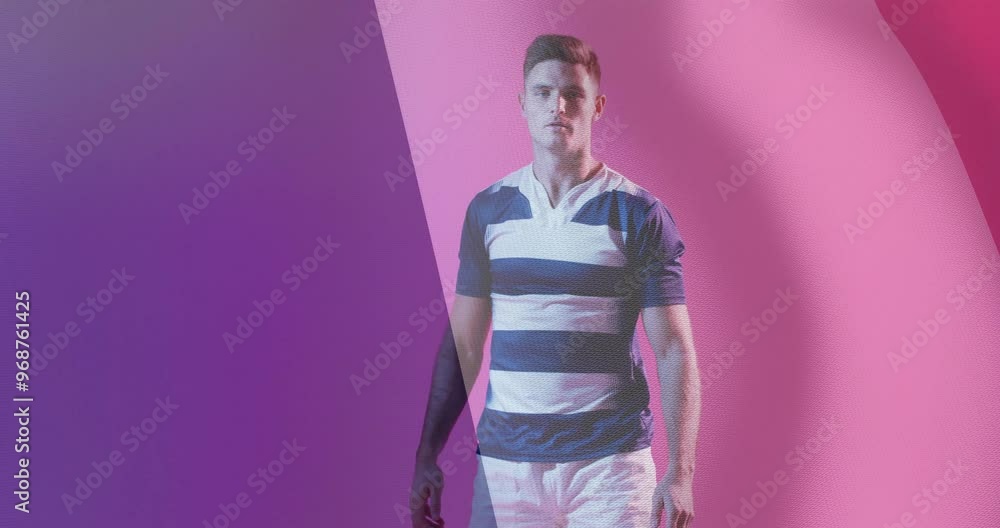 Animation of flag of france over caucasian male rugby player catching ball Animation of flag of france over caucasian male rugby player catching ball