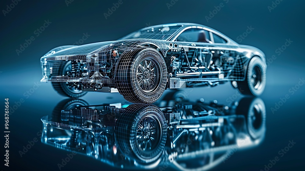 Naklejka premium Futuristic Electric Car Wireframe Design with Detailed Internal Components and Advanced Automotive Technology