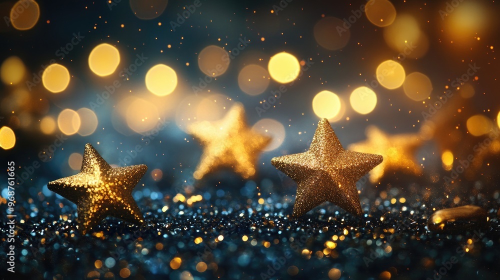 A captivating glittering background of golden stars glowing in the night sky, adding a festive, magical touch to any celebration. A captivating glittering background of golden stars glowing in the night sky, adding a festive, magical touch to any celebration.
