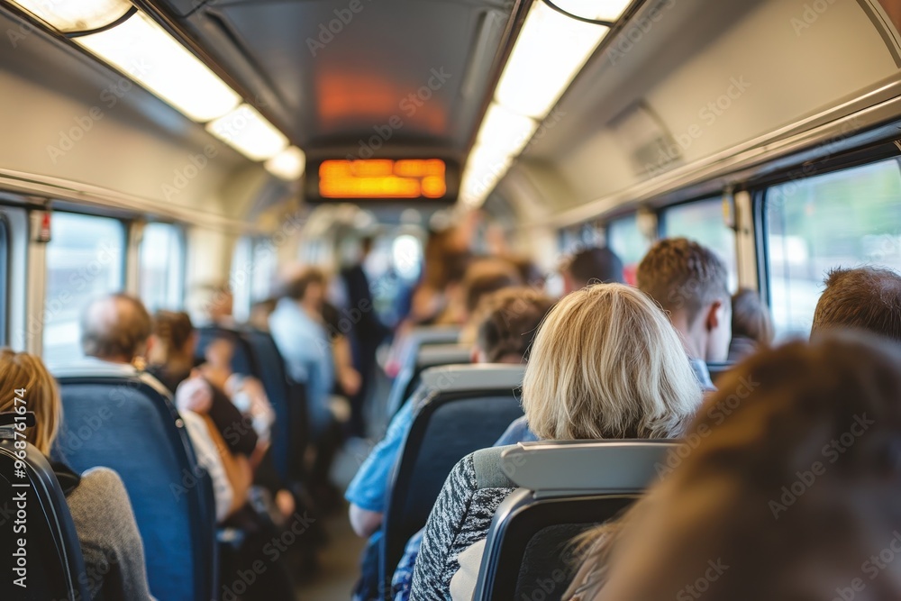 commuter train full with people sitting taken from behind with copy space. business, transportation theme commuter train full with people sitting taken from behind with copy space. business, transportation theme