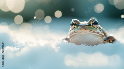 Frog in Winter Wonderland, a vibrant anime-style background featuring a charming frog nestled in soft snowflakes, capturing the serene beauty of a winter scene. photo