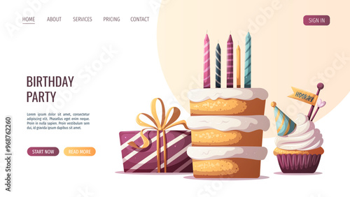 Web page design with cake, cupcake, and birthday gift. Birthday party, celebration, congratulations, invitation concept. Vector illustration for website, banner.