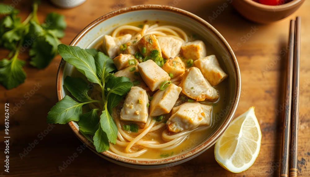 Chicken Noodle Soup with Lemon Wedge and Chopsticks Chicken Noodle Soup with Lemon Wedge and Chopsticks