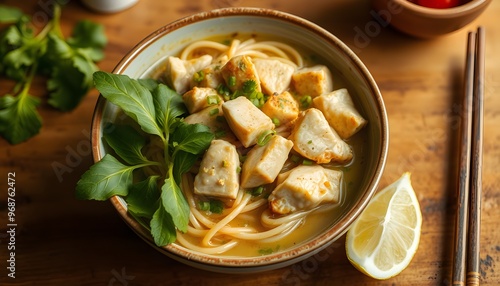 Chicken Noodle Soup with Lemon Wedge and Chopsticks