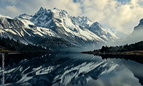 Wallpaper Mural Majestic mountain range with snow-capped peaks reflected in a calm lake, hyperrealistic Video Torontodigital.ca
