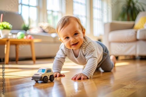 Cute cheerful baby playing with colorful toy at home. Baby boy playing with educational toy. Smiling little boy plays with toy car