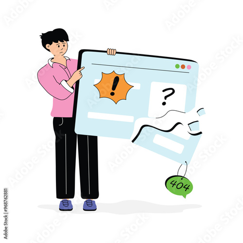 Man analyzing and fixing an error on a website, webpage error flat illustration