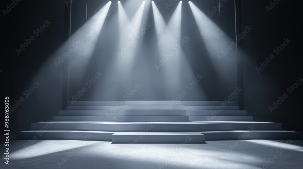 Obraz premium A dramatic white stage with intense spotlight and glowing steps, creating a powerful theatrical ambiance
