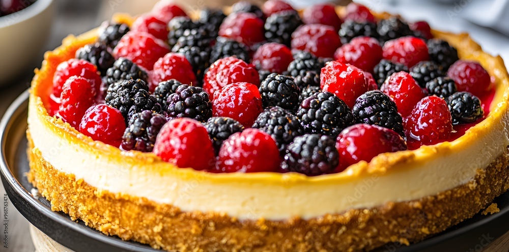 Delicious Cheesecake Topped With Fresh Raspberries and Blackberries Delicious Cheesecake Topped With Fresh Raspberries and Blackberries