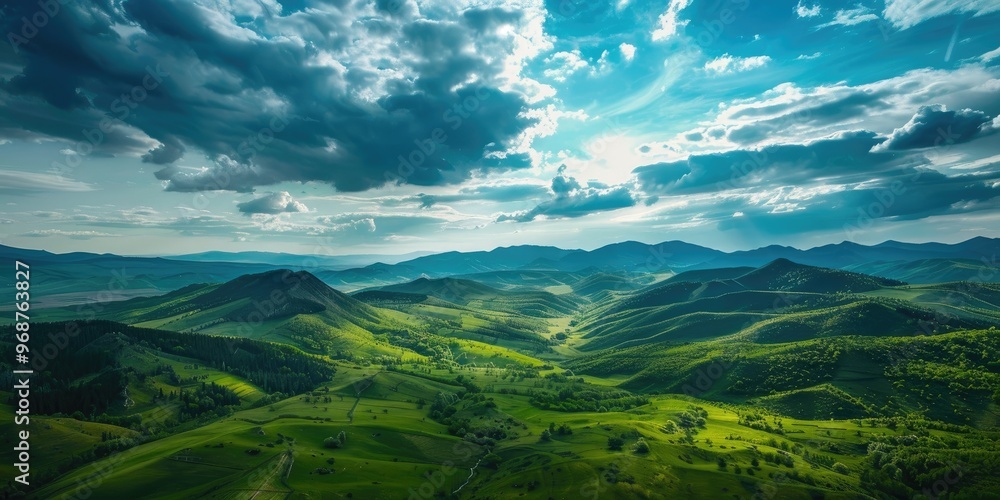 Naklejka premium Majestic Green Mountains Beneath a Beautiful Sky