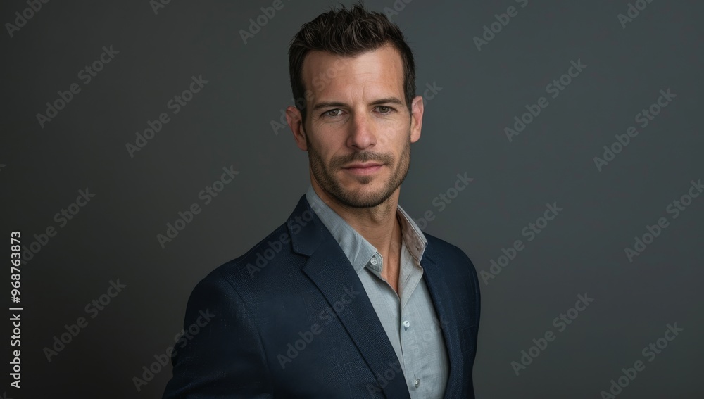 Confident businessman with a winning smile, projecting assurance and success, isolated on a grey background wearing an elegant navy blue suit jacket over a light gray shirt, confidence Confident businessman with a winning smile, projecting assurance and success, isolated on a grey background wearing an elegant navy blue suit jacket over a light gray shirt, confidence