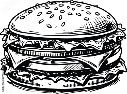 retro style sketch of big burger, hamburger hand drawn vector illustration