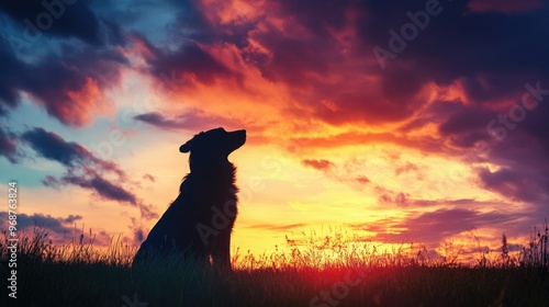 A heartwarming tribute to a beloved pet, with a dog silhouette framed by a vibrant sunset, creating a spiritual and serene moment.