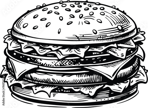 retro style sketch of big burger, hamburger hand drawn vector illustration