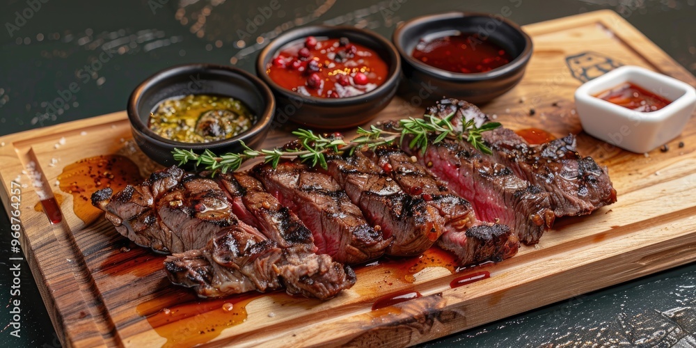Grilled beef tomohawk steak with assorted sauces on wooden cutting board Grilled beef tomohawk steak with assorted sauces on wooden cutting board