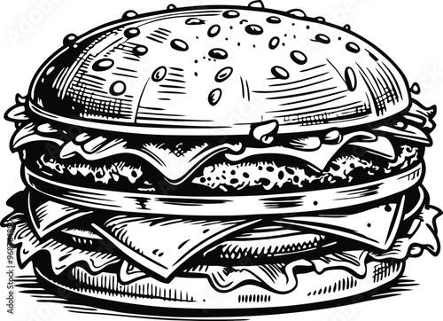 retro style sketch of big burger, hamburger hand drawn vector illustration