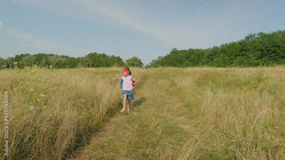 Joyful cute elementary age girl wearing hero cape and mask , running in flying superhero pose across green field while carefree child with vivid imagination having fun at countryside. Joyful cute elementary age girl wearing hero cape and mask , running in flying superhero pose across green field while carefree child with vivid imagination having fun at countryside.