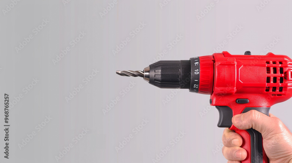 red Cordless drill-driver in a hand with copy space on the solid background. red Cordless drill-driver in a hand with copy space on the solid background.