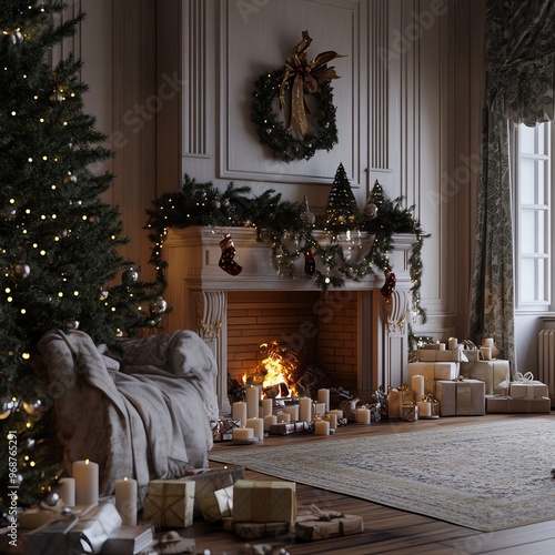 Christmas fireplace and tree. Interior. Room decorated for the holiday.